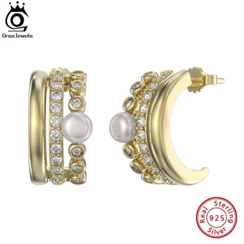 ORSA תכשיטי זהב 14K כסף 925 פנינה אופנה רב-שכבתיים מבריק CZ עגילים לנשים בתכשיטים מתנה ליום GPE61